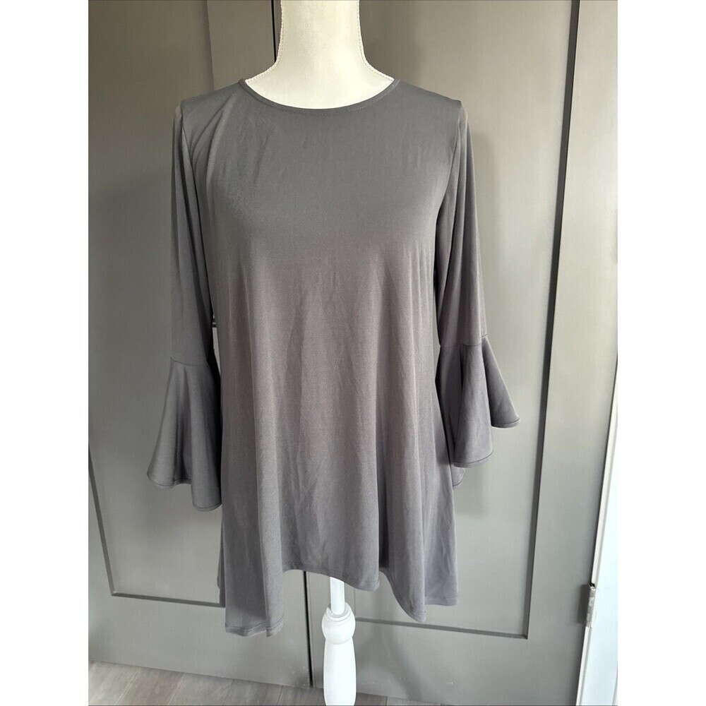 Zenana Women’s Charcoal Bell Sleeve Tunic Top S Flowy High-Low Scoop Neck